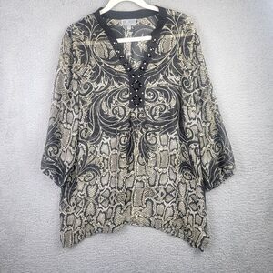 JM Collection Tunic Top Womens XL Sheer Snakeskin V-Neck Embellished Lagenlook